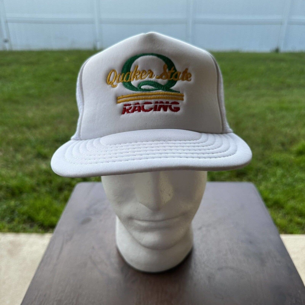 Vintage Quaker State Racing Hat Cap Mens One Size White Snapback Nascar Trucker